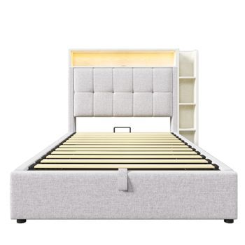 Cama Tapizada 90x200 Cm - Con Función De Carga Usb Tipo-c, Almacenamiento Multifuncional, Iluminación Led, Sin Colchón - Beige