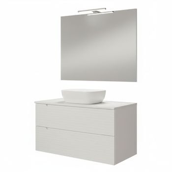 Kibath Mueble De Baño Con Lavabo, Espejo Y Aplique Led Boreal 80x45 Cm Sobre Encimera Acabado Blanco Mate 2 Cajones Suspendido