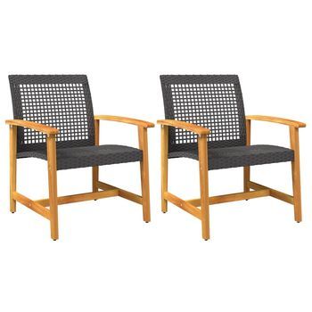 Pack 2 Uds Sillas De Jardín | Silla De Exterior | Sillón Madera De Acacia Y Ratán Sintético Negro