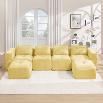 Sofá Modular En Forma De U De 4 Plazas Con 2 Pufs, Poliéster, Amarillo, 344x162x67 Cm