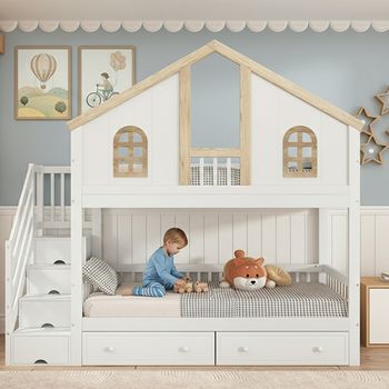 Cama Litera Infantil Con Barandilla, Ventana, 2 Cajones Con Ruedas, Escalera Con Almacenamiento, Pino/mdf, Blanco/natural, 90x200cm