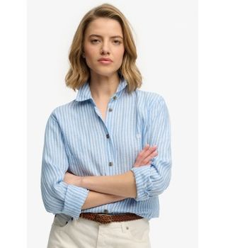 Superdry para mujer. W4010587A Camisa Premium Slim azul (XS), Casual, Lino, Manga larga