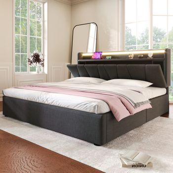 Cama Tapizada Gris 160x200 Cm Con Cabecero Con Almacenaje, Led Y Puertos Usb