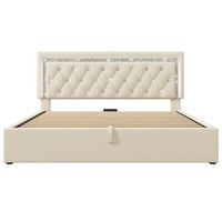 cama de terciopelo beige 140 x 200 cm con cabecero efecto diamante led usb usb-c y almacenaje hidraulico