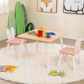 Juego De Mesa Y Sillas Infantil Mesa Cuadrada 2 Sillas Conejo Patas De Madera Rosa