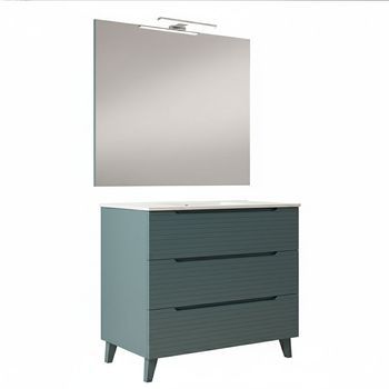 Kibath Mueble De Baño Con Lavabo, Espejo Y Aplique Led Boreal 80x45 Cm Acabado Azul Oceano Mate 3 Cajones Con Patas