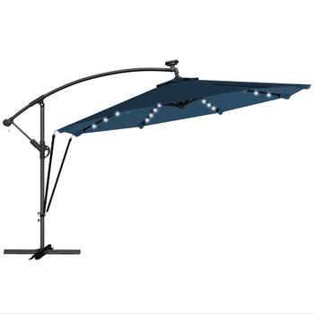 Outsunny Parasol Excéntrico con Luces LED Solares Ø345 cm Sombrilla Jardín de Aluminio con Base Cruzada Manivela Funda Azul