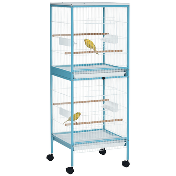 Jaula grande para pájaros Pawut con doble base, comederos, bandeja extraíble, perchas, ruedas, 51,5x50x cm, azul