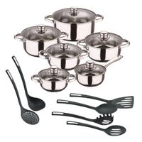 bateria de cocina de acero inox con utensilios de cocina negro