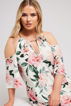 Yours London Top Hombros Descubiertos Blanco De Flores Con Cadena, Mujer Curvy Y Tallas Grandes, Yours London
