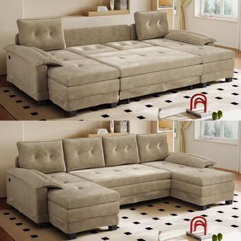 Sofá Cama Modular En U De 4 Plazas - Mueble Para Salón - Chenilla - Camel (278x127x87cm)