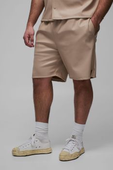 Pantalón Corto Plus Plisado Estilo Baloncesto De Cuero Sintético, Beige