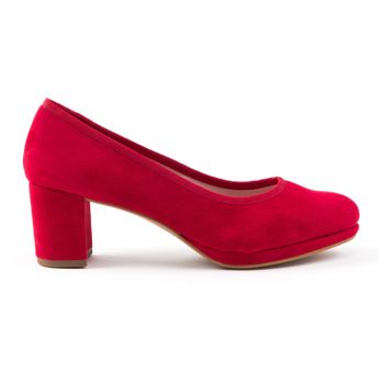 Zapato salón en ante rojo, tacón cuadrado forrado. Modelo: Isis