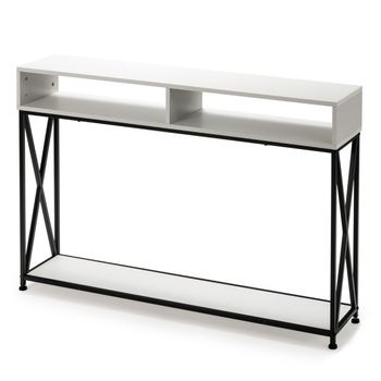 Costway Consola con 2 Niveles Mesa Auxiliar de Sofá con Repisa Abierta y Compartimientos en Acero Mesilla Compacta para Entrada Pasillo Blanco