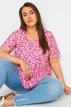 Yours Camiseta Rosa Estampada Con Calados, Mujer Curvy Y Tallas Grandes, Yours