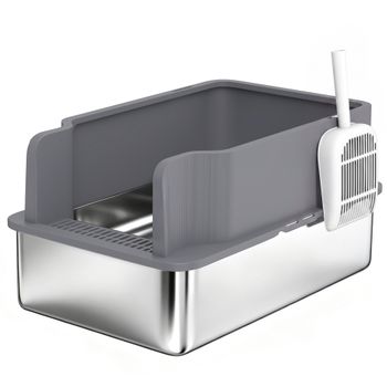 PawHut Arenero para Gatos de Acero Inoxidable L con Bandeja de Tamizado Borde Alto Pala y 10 Empapadores Gris Oscuro   Aosom España