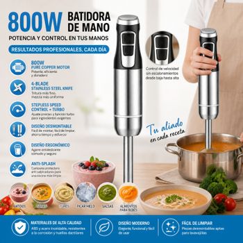 Batidora de Mano de Inmersión 800W con Cuchillas de Acero Inoxidable, Mezclador Eléctrico con Control de Velocidad Variable y Función Turbo para Sopas, Batidos y Comida de Bebé