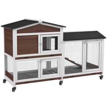 PawHut Conejera Exterior 157,4x53x99,5cm Jaula para Conejos Grande con Ruedas Techo Asfáltico Bandeja Extraíble y Rampa Marrón