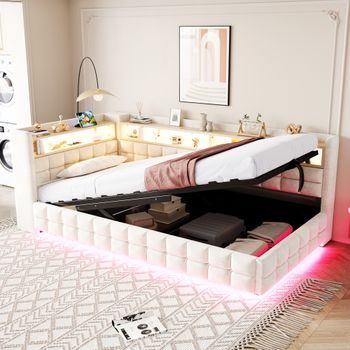 Cama Sofá Individual 90x200 Cm, Almacenamiento Hidráulico, Estante Madera, Tira Led, Usb/type-c, Somier Lamas, Terciopelo Beige