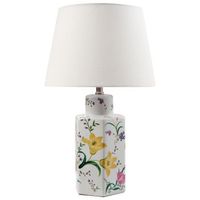 lampara de mesa elegante con base de porcelana con diseno floral pantalla de campana de lino iluminacion blanco cavado