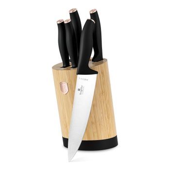 Berlinger Haus Juego De Cuchillos 6 Piezas Con Soporte De Bambú, Acero Inoxidable, Cuchillo Chef 20 Cm, Diseño Elegante Negro/rosa Oro, Mango Ergonómico, Protección De Dedos