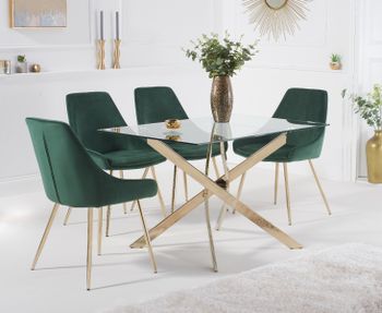 Denver 120cm Rectangular Gold Leg Glass Dining Table with Fern Velvet Chairs - Grey, 4 Chairs