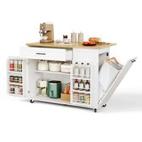 isla de cocina movil de mdf con encimera extensible cajon amplio compartimento oculto para cubo de basura y ruedas frenablesrblanco