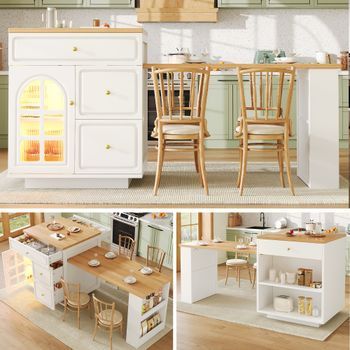 Isla De Cocina Extensible Con Vitrina De Cristal Y Tira Led Rgb, Blanca, 122,5–195,5 Cm