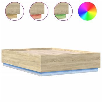 Cama Matrimonial | Cama Para Adultos | Estructura Cama Con Luces Led Madera Roble Sonoma 150x200 Cm