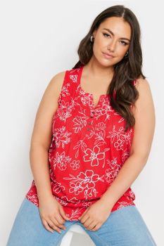 Yours Camiseta Roja Floral Sin Mangas De Algodón Con Jaretas, Mujer Curvy Y Tallas Grandes, Yours