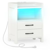 costway mesita de noche con luces led y enchufes mesilla de noche led con 2 cajones y estante abierto mesa ayudante moderna para salon blanco