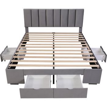 Cama De Adulto Acolchada En Terciopelo 160x200cm Con 4 Cajones + Cabecero Regulable + Somier Gris