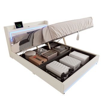 Cama Contenedor 160 X 200 Cm Con Cabecero - Leds Y Puerto Usb - Tela De Lino - Estilo Contemporáneo - Beige