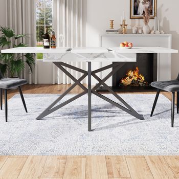 Mesa De Comedor Extensible - Mdf Y Metal - Patas De Mesa En Forma De Estrella - Blanco