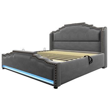 Cama Tapizada 140x200cm - Cama De Dos Plazas Con Almacenamiento - Iluminación Led Y Puerto De Carga Usb-c - Cama Juvenil - Gris - Con Colchón