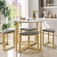 juego de mesa de comedor blanca con 4 sillas grises