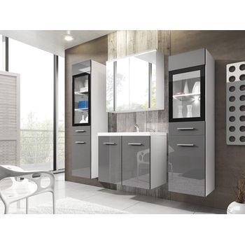 Conjunto De Muebles De Baño Madrid Ii, Juego De Muebles De Baño, Lavabo Incluido, Sin Iluminación Led, Color Blanco/gris Brillo