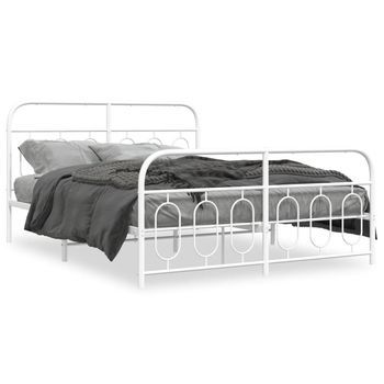 Cama Doble | Cama Para Adultos | Estructura Cama Metal Con Cabecero Y Estribo Blanco 135x190 Cm
