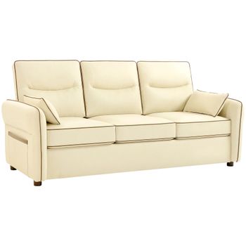 HOMCOM Sofá de 3 Plazas Tapizado en Cuero Sintético Acolchado Grueso Asiento Ancho Reposabrazos Bolsillo Montaje Rápido Beige