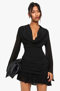 Vestido Mini De Manga Larga Plisado, Negro