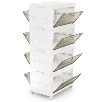 Costway Cajonera de Almacenamiento Plásticos de 126/168 L de 3/4 Niveles Cajas Apilables Plegable con Tapa Ruedas para Dormitorio Salón Blanco