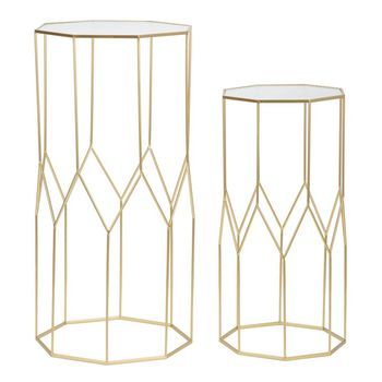 Juego De 2 Mesas Auxiliares De Metal Y Cristal 50x46x100-40x37x80 Cm