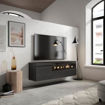 Mueble tv efecto madera negro 150x35x45cm chimenea efecto fuego