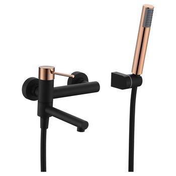 Grifo Banera-ducha Negro Y Oro Rosa En Latón Y Zama Con Ducha Y Tubo Metal Flexible