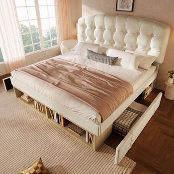 Cama Tapizada De 140 X 200 Cm Con 2 Cajones Y Estantes De Almacenamiento - Cabecero Regulable En Altura - Tejido De Terciopelo - Beige