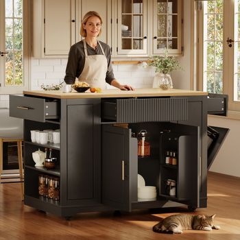 Isla De Cocina De 120x50x92cm, Con Cestas De Almacenamiento, 2 Puertas, 3 Cajones, Con Ruedas, Color Negro.
