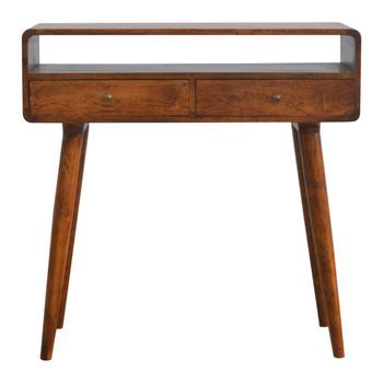 Mesa Consola Curva De Madera Maciza, Estilo Artesanal, Color Castaño.
