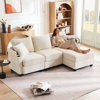 Sofá En L Convertible De 3 Plazas Con Puff, Portavasos, Cargador Usb, Mesa De Apoyo Y 2 Cojines, Beige