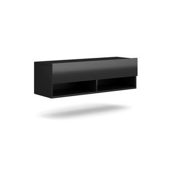Mueble De Tv Suspendido Diseño Cluj, 100 Cm, 1 Puerta Y 2 Compartimentos, Color Negro Y Negro Brillante.