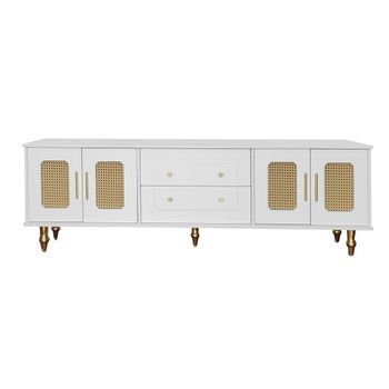 Mueble De Tv Blanco De 175 Cm Con Puertas De Ratán Y Patas Doradas